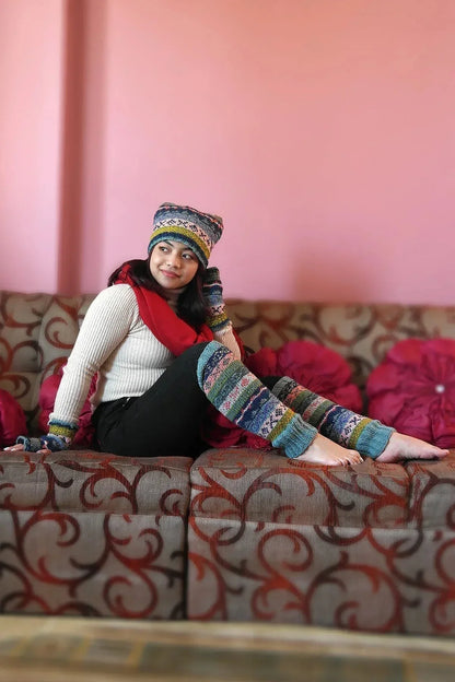 Blue, Pink and mixed colors hand knitted woolen leg warmers - Vajracrafts