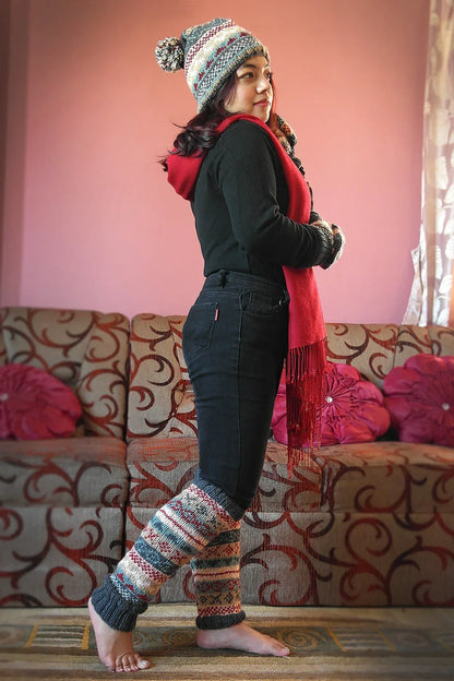 Grey Maroon and mixed colors woolen leg warmers - Vajracrafts