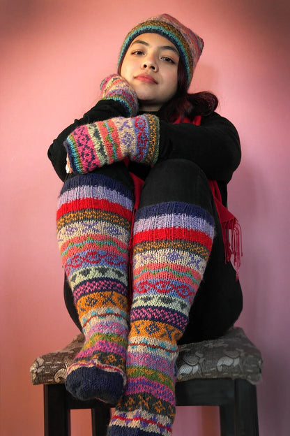 Blue pink and green mixed color Woolen Knee High Socks - Vajracrafts
