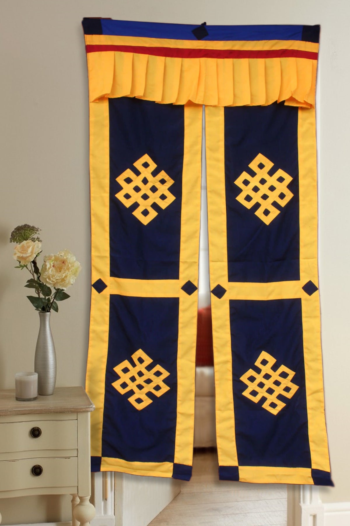 Yellow and blue Tibetan Endless Knot Symbol Split Cotton Door Curtain