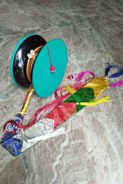 Tibetan Buddhist Ritual Chod Drum/Damaru with Yellow Brocade Cover - Vajracrafts