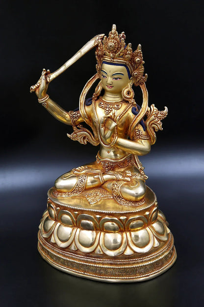 Golden Tibetan Manjushree Statue in double lotus 10" - Vajracrafts