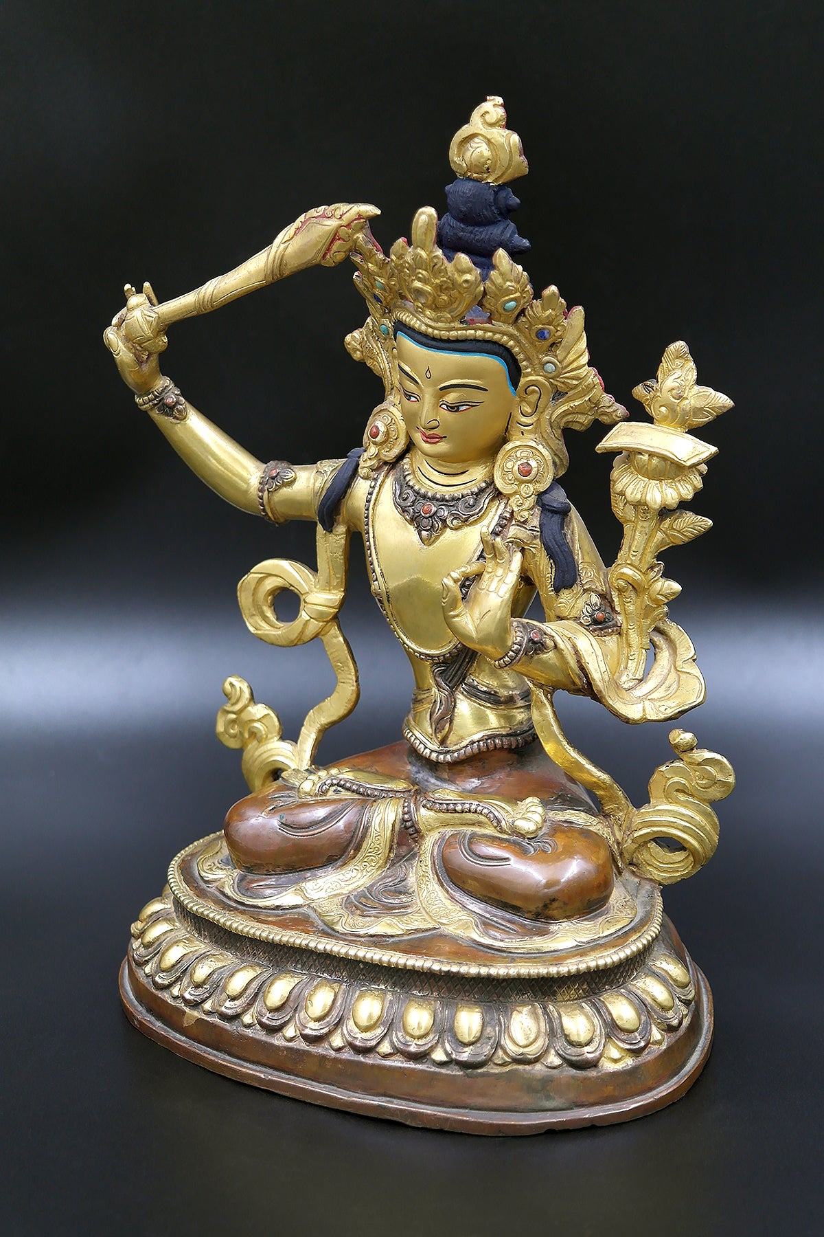 Partly Gold Plated Tibetan Buddhist Manjushree Statue from Nepal 9"
