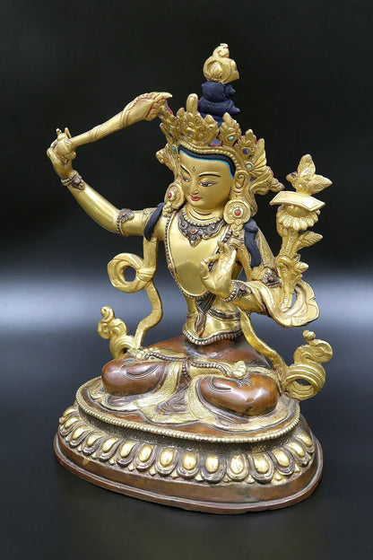 Partly Gold Plated Tibetan Buddhist Manjushree Statue from Nepal 9" - Vajracrafts