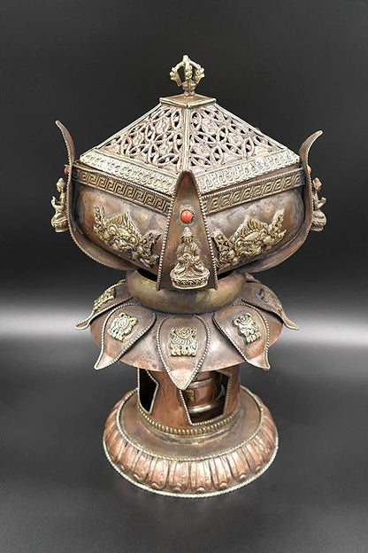 Lotus design with 8 Auspicious symbols copper incense burner - Vajracrafts