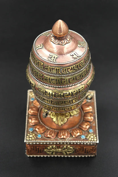 Ovel Shaped Copper Prayer Wheel in Square base, 6.5" - Vajracrafts