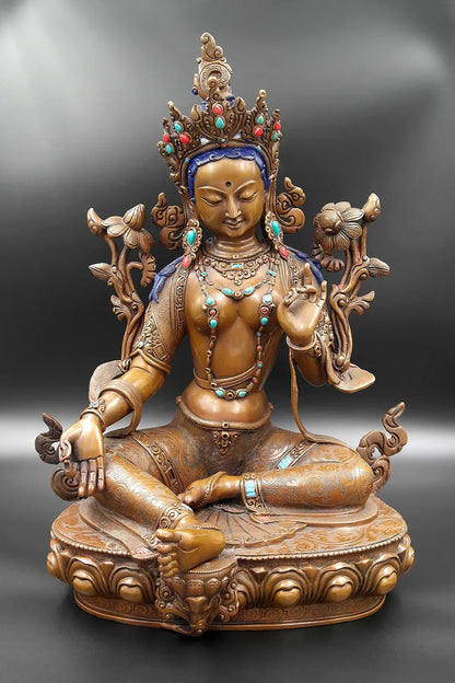 Jeweled Copper Green Tara Statue Top Quality, 15" - Vajracrafts