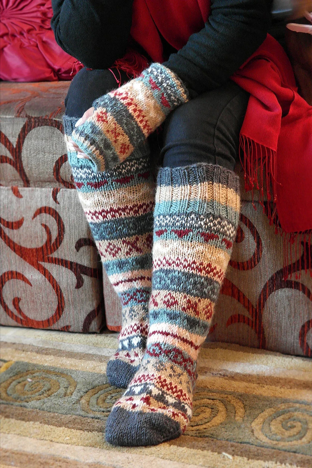 Cream, grey and maroon mixed color Woolen Knee High Socks - Vajracrafts