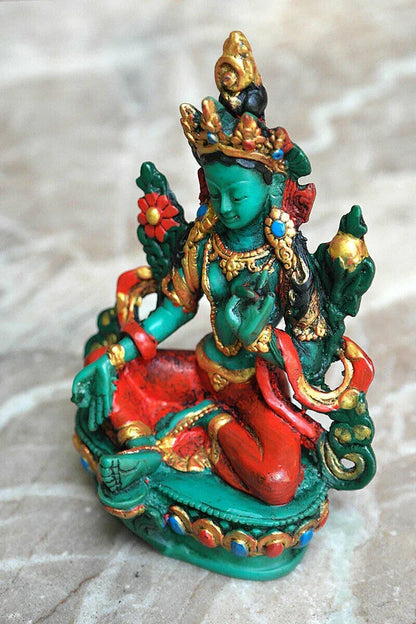 Hand Painted Tibetan Deity Green Tara Statue, 5" - Vajracrafts