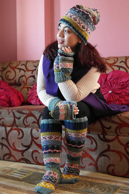 Blue Pink Yellow mixed color Woolen Knee High Socks - Vajracrafts