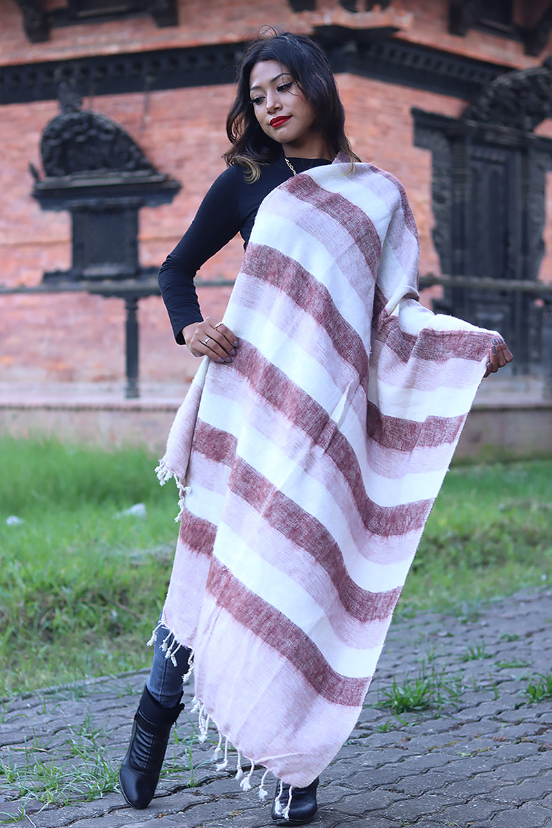 Light maroon and white color Yak Wool shawl with Fringe