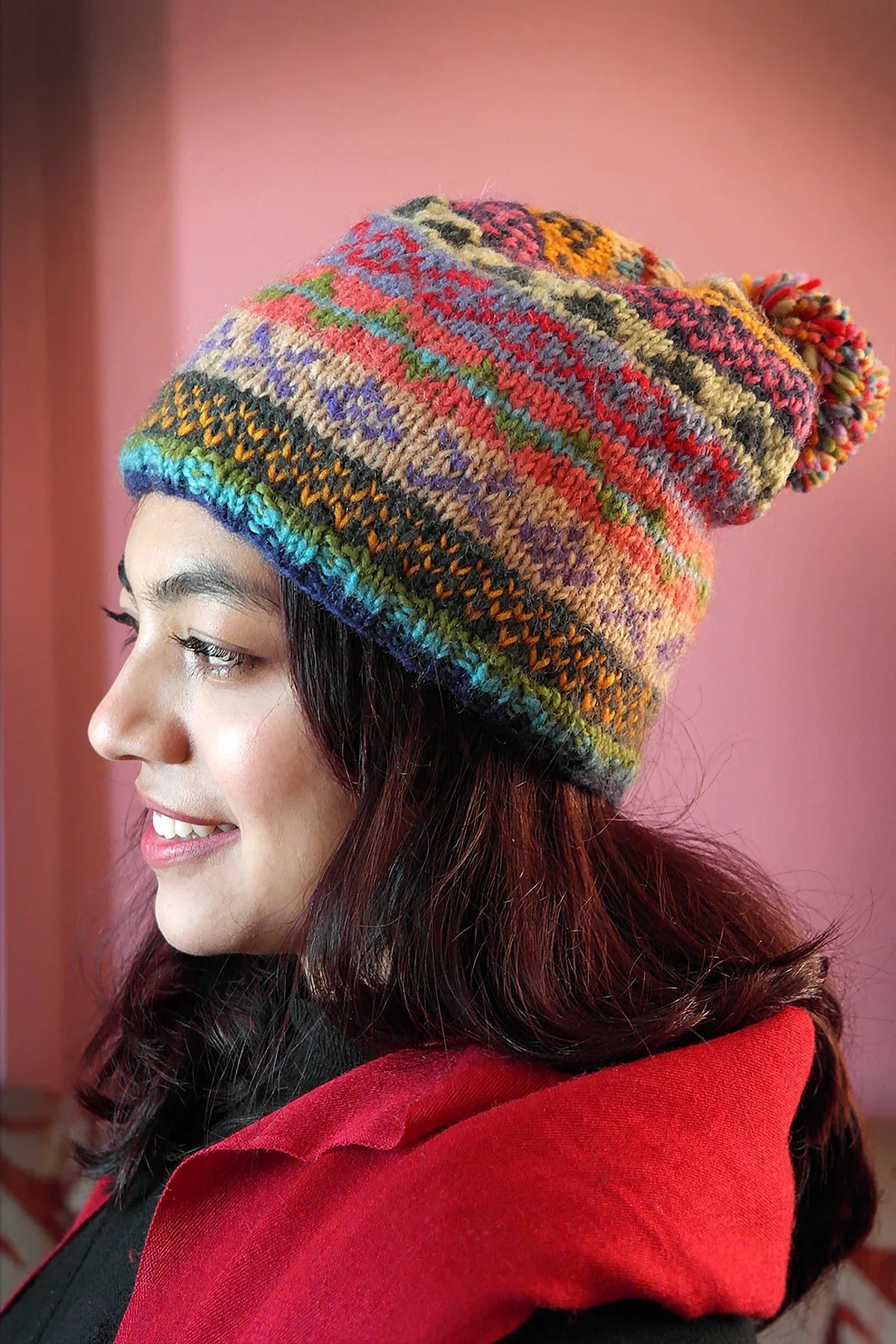 Womens Knit Winter Warm Pom Pom Beanie Hat Green blue and red - Vajracrafts