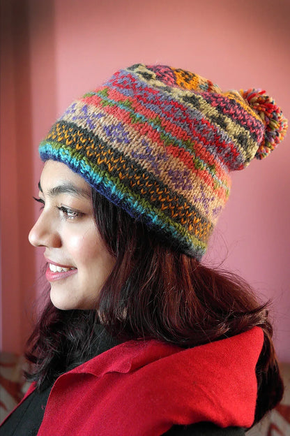 Womens Knit Winter Warm Pom Pom Beanie Hat Green blue and red - Vajracrafts