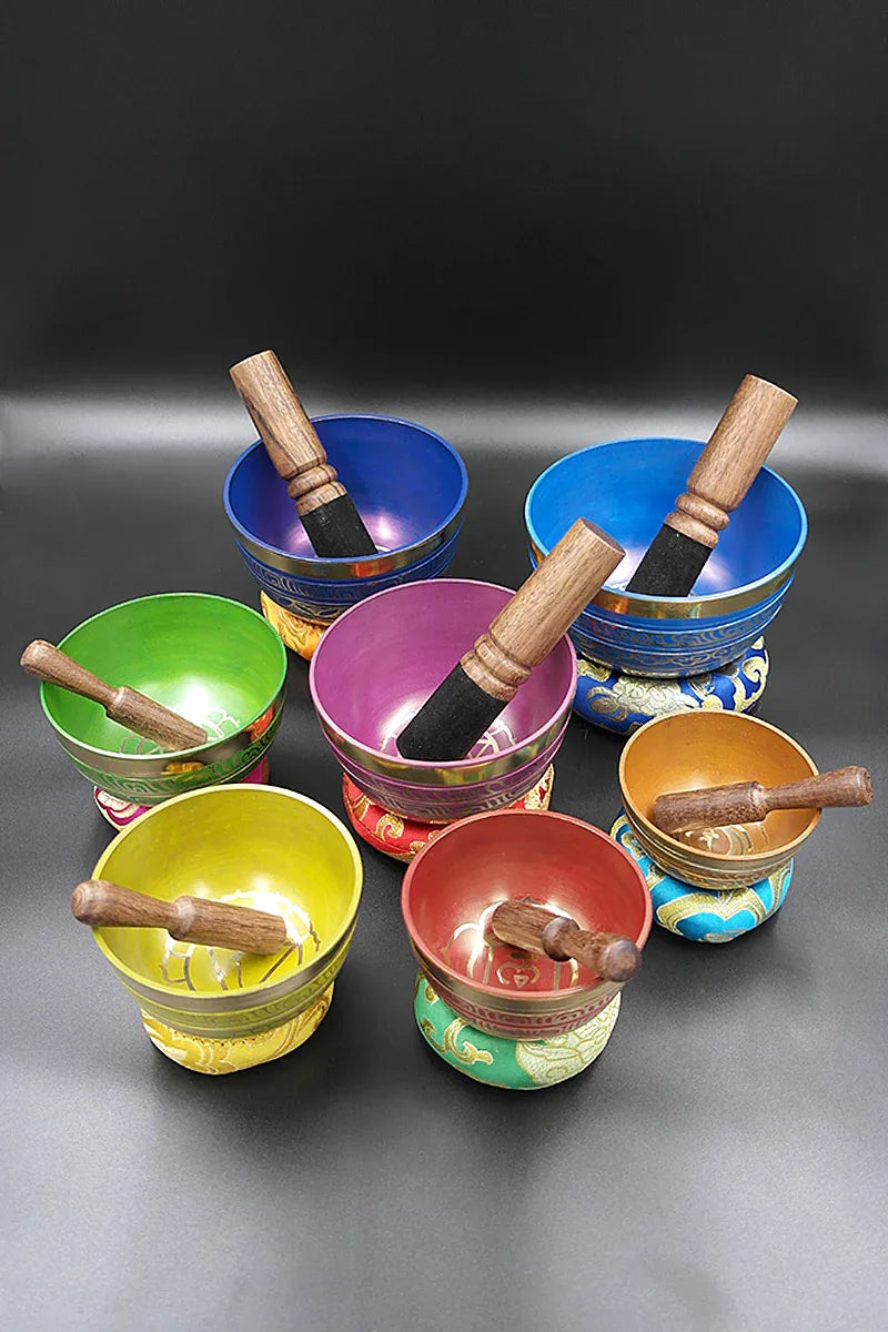 Sets of 7 Meditation Singing Bowls with seven chakra symbols 3"-5" - Vajracrafts