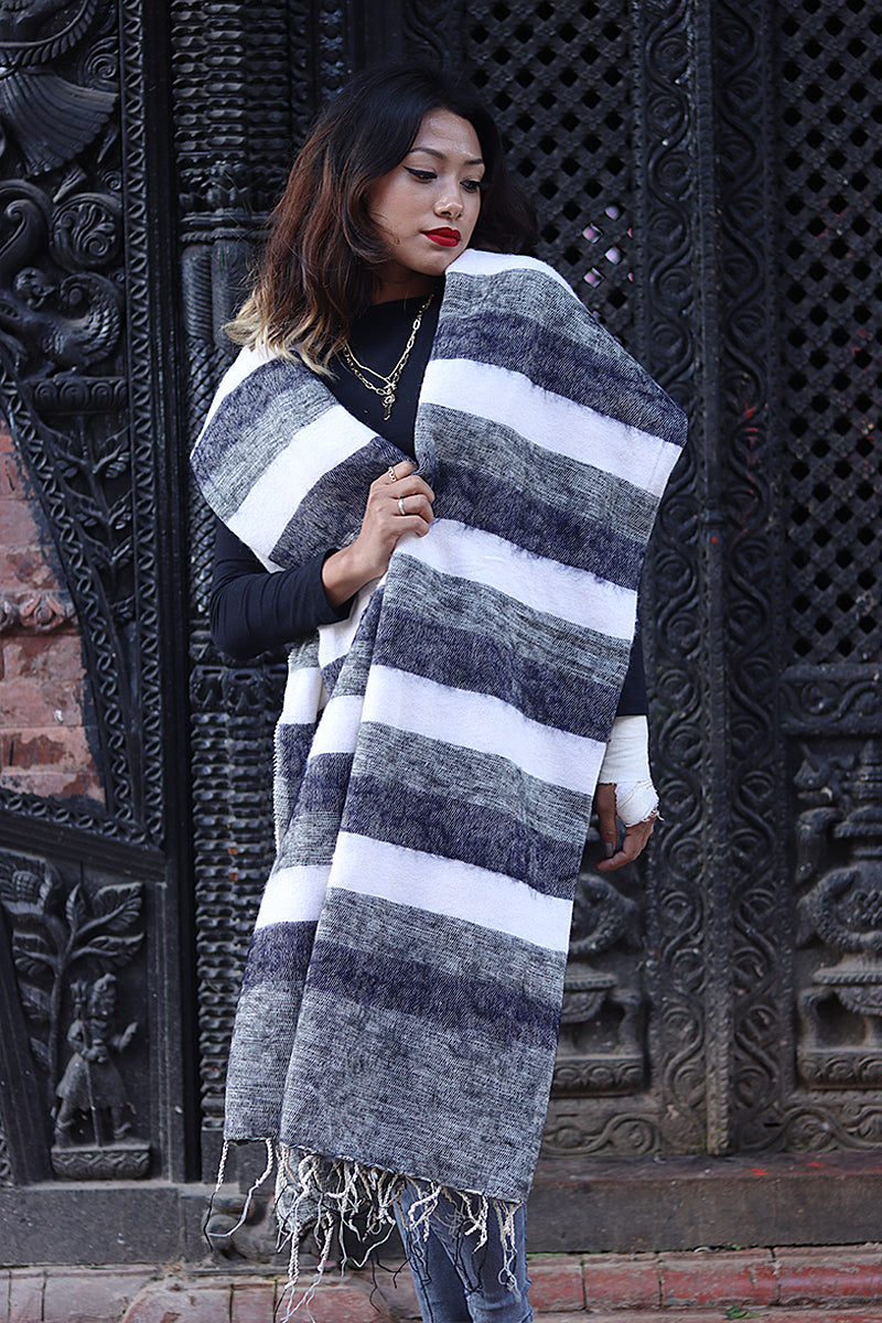 Bright Grey and White Yak Wool Shawl/Oversized Blanket