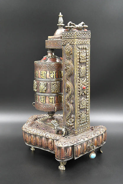 Tibetan Prayer Wheel with Eight Auspicious symbols in Stupa Frame - Vajracrafts