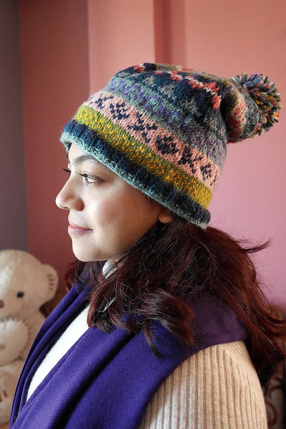 Blue Pink mixed colors Womens Winter Warm Pom Pom Beanie Hat - Vajracrafts