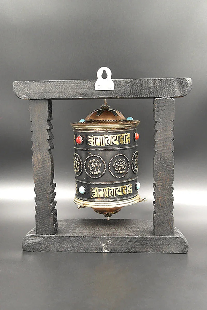 Eight Auspicious Symbols Buddhist Prayer Wheel in wooden frame - Vajracrafts