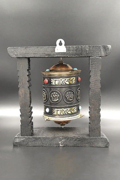 Eight Auspicious Symbols Buddhist Prayer Wheel in wooden frame - Vajracrafts