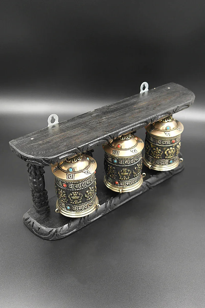 Tibetan Buddhist Prayer Wheels in Wooden Frame - Vajracrafts