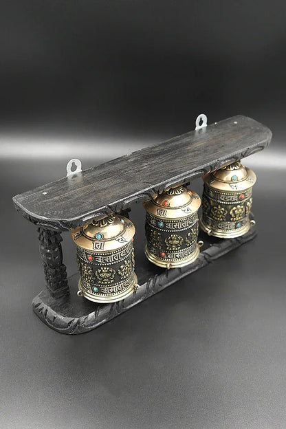 Tibetan Buddhist Prayer Wheels in Wooden Frame - Vajracrafts