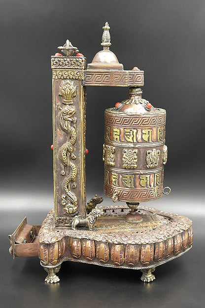 Tibetan Prayer Wheel with Eight Auspicious symbols in Stupa Frame - Vajracrafts