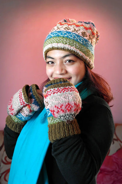 Olive Green pink mixed colored woolen gloves/mittens - Vajracrafts