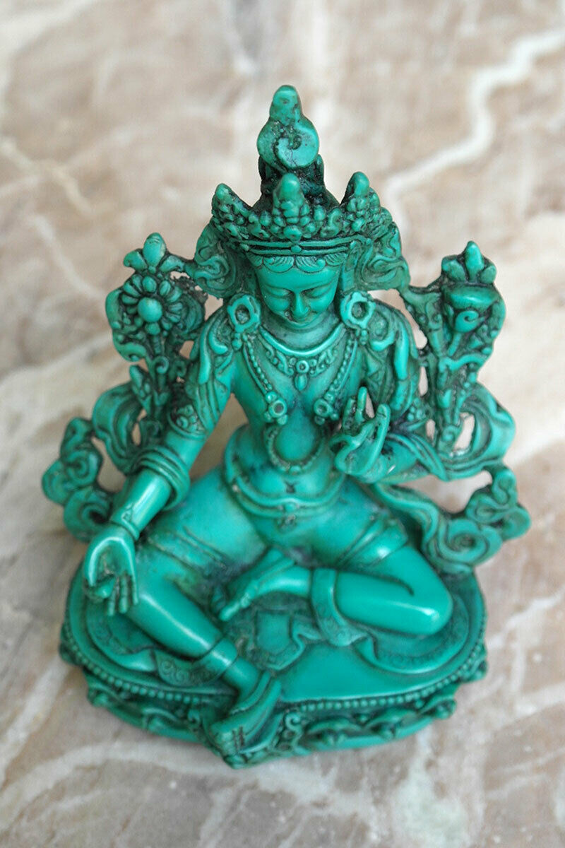 Tibetan Dolma Green Tara Resin Statue 6"