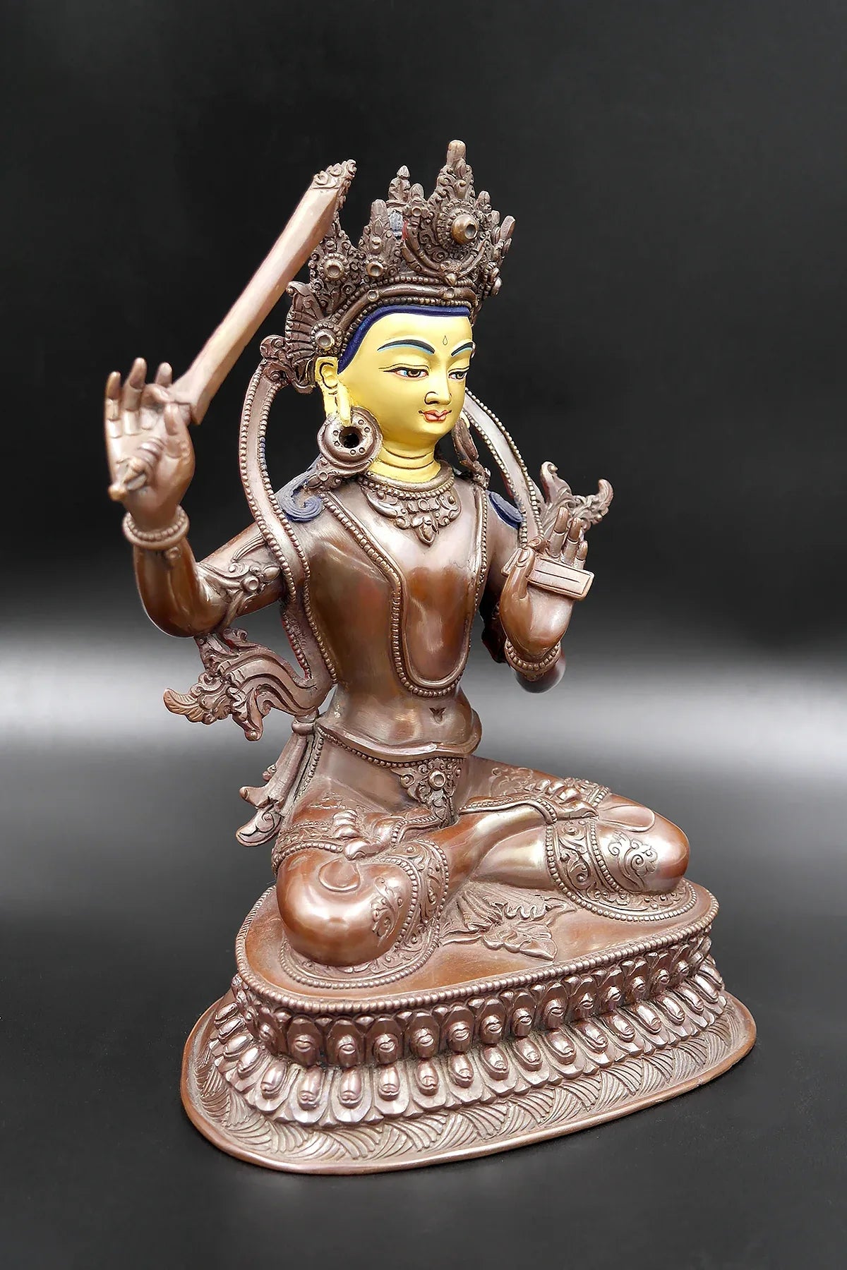 Copper Oxidized Tibetan Manjushree Statue from Nepal 8" - Vajracrafts