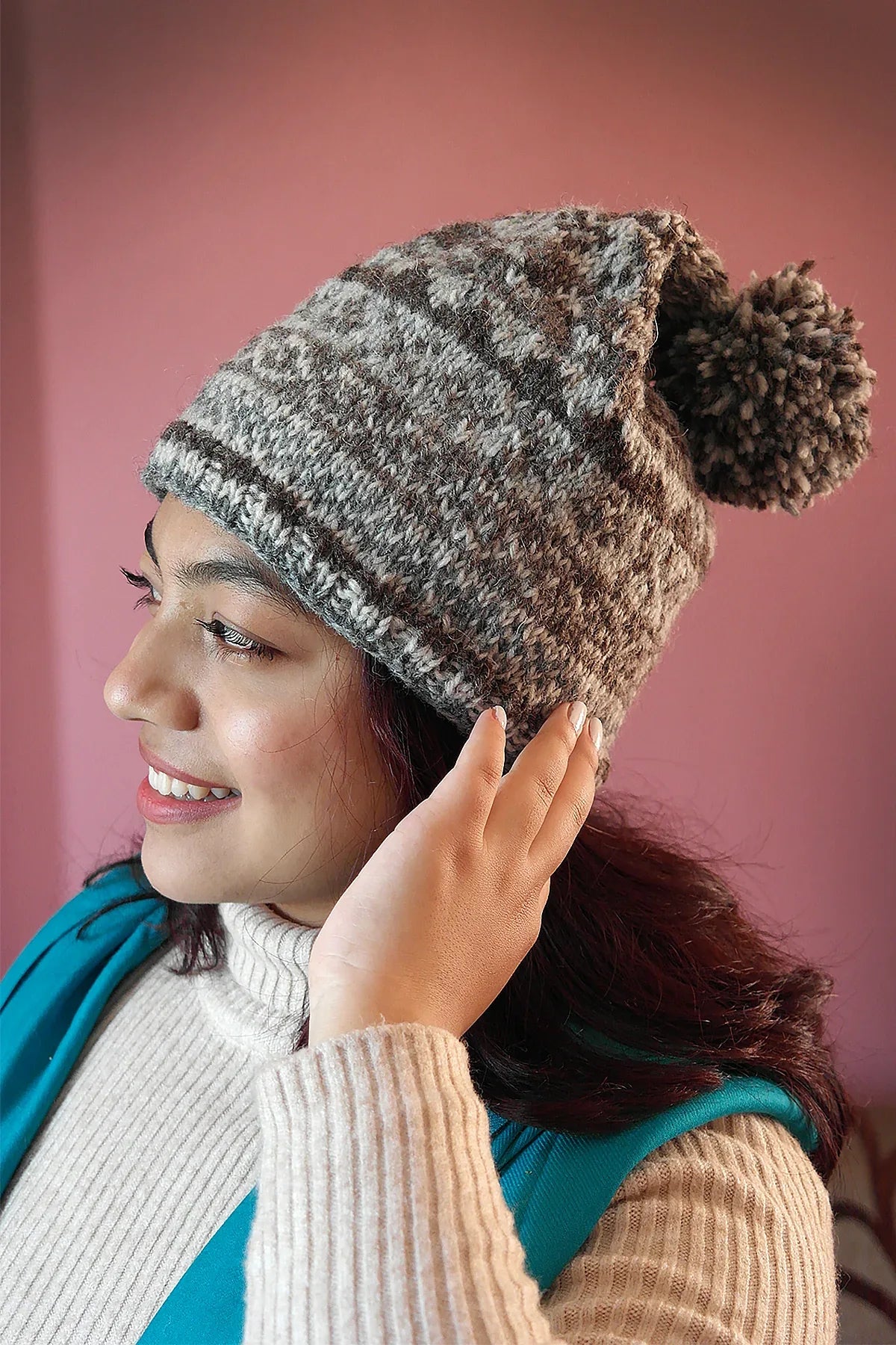 Womens Knit Winter Warm Pom Pom Beanie Hat Natural Color - Vajracrafts