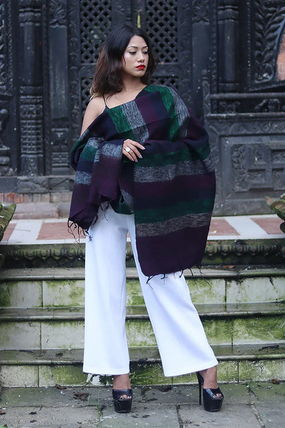 Handwoven Yak wool Shawl in Dark Brown, Green - Vajracrafts