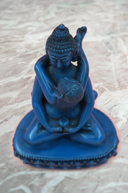 Lapis lazuli tone Buddha Shakti Yab Yum Resin Statue 5" - Vajracrafts