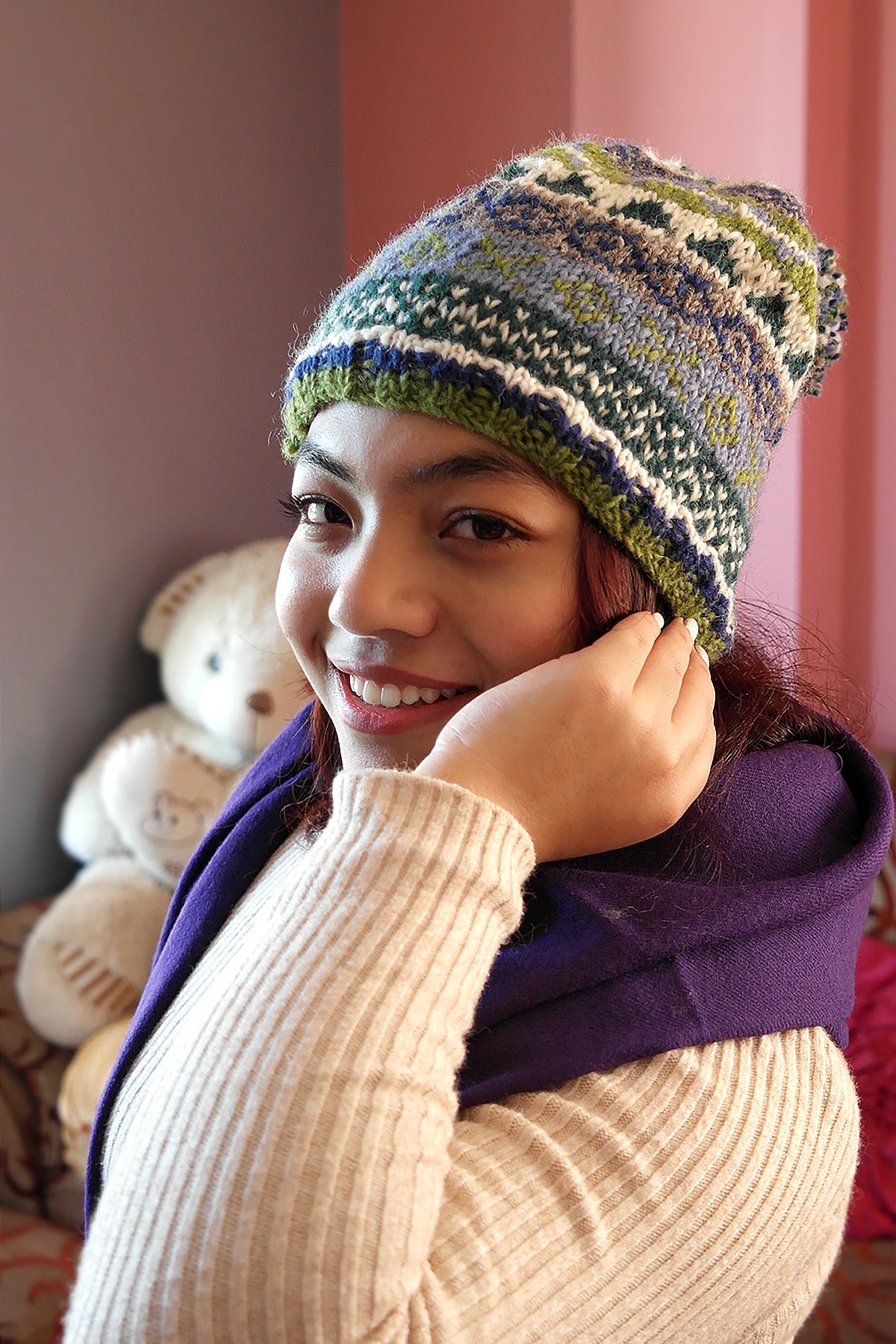 Womens Knit Winter Warm Pom Pom Beanie Hat Forest Green