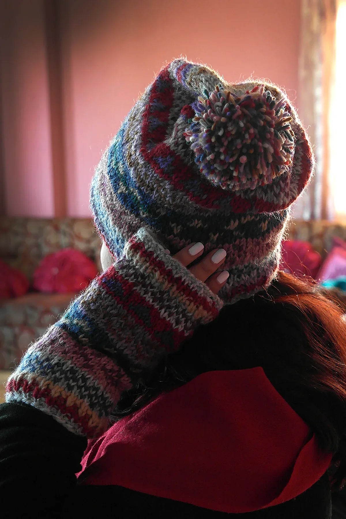 Womens Knit Winter Warm Pom Pom Beanie Hat Grey Blue mixed - Vajracrafts