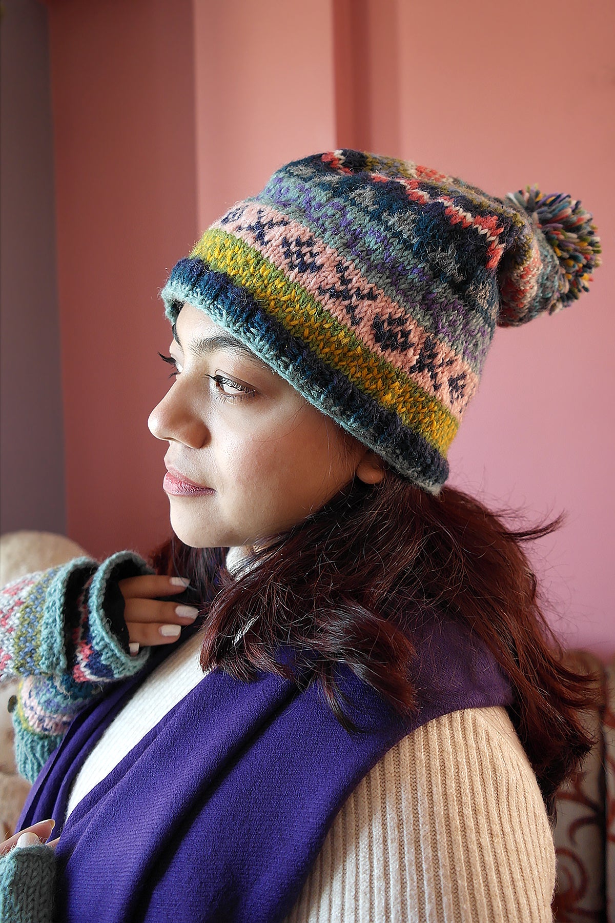 Blue Pink mixed colors Womens Winter Warm Pom Pom Beanie Hat | Vajracrafts