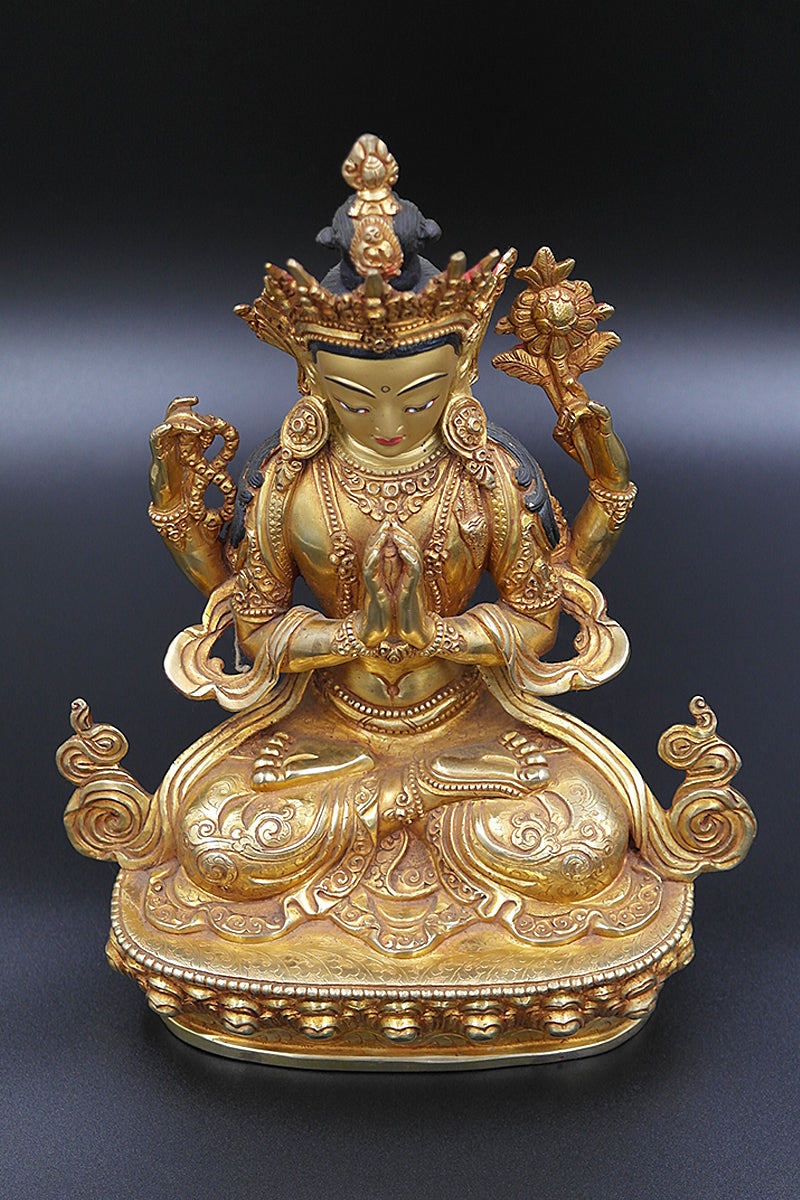 Gold Plated Masterpiece Tibetan Chenrezig Statue, God of Passion 9"