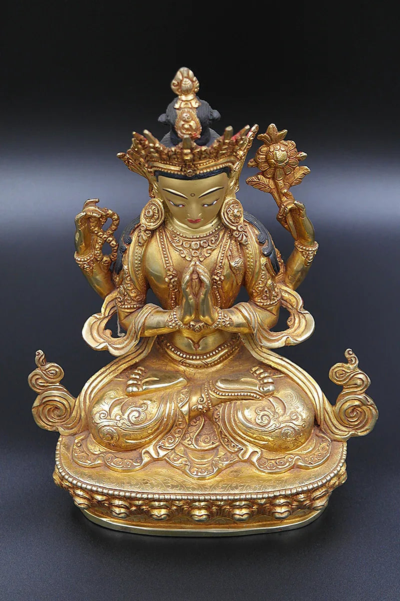 Gold Plated Masterpiece Tibetan Chenrezig Statue, God of Passion 9" - Vajracrafts