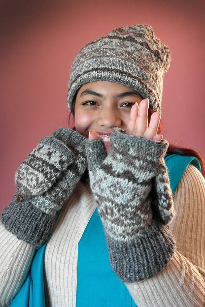 Grey white mixed colored woolen gloves/mittens - Vajracrafts