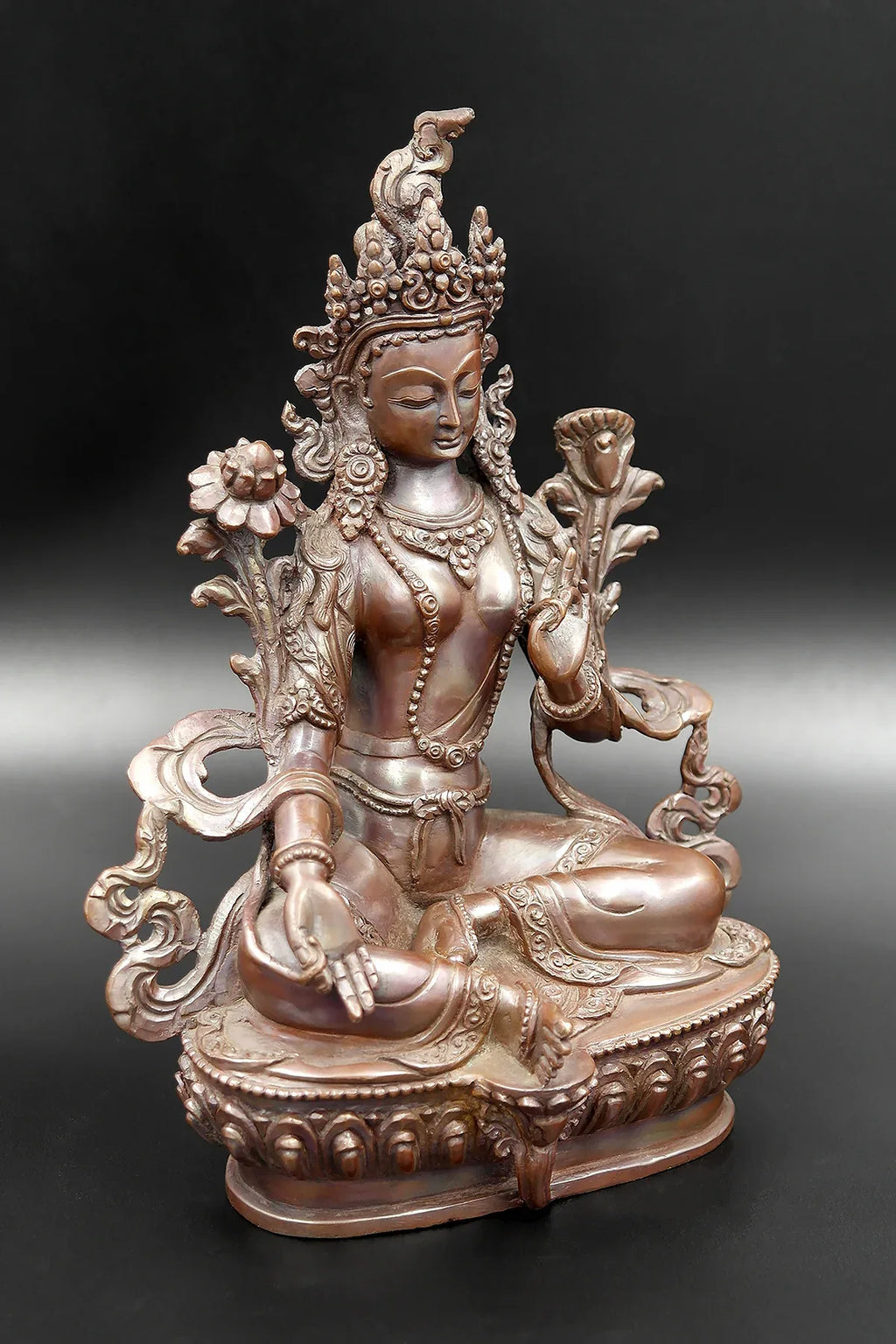 Copper Oxidized Hand carved Green Tara Statue 8" - Vajracrafts