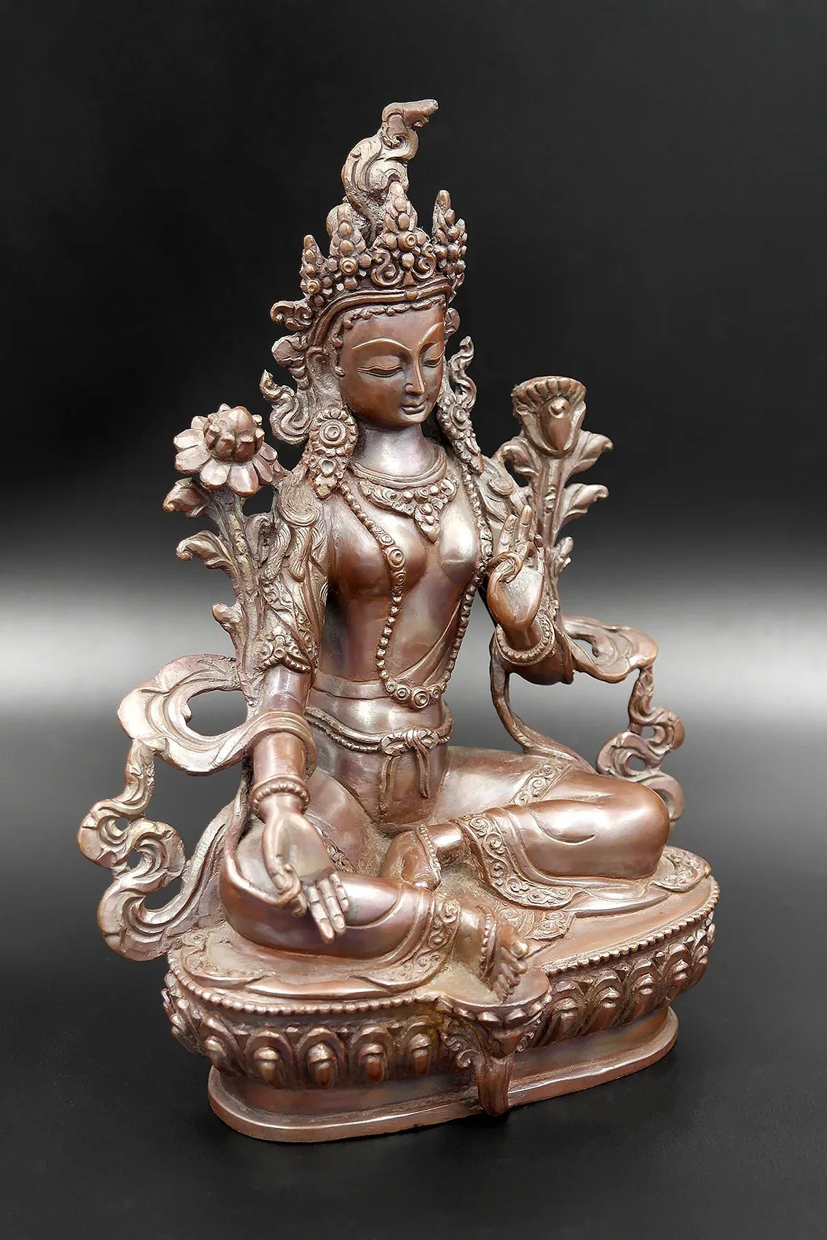 Copper Oxidized Hand carved Green Tara Statue 8" - Vajracrafts