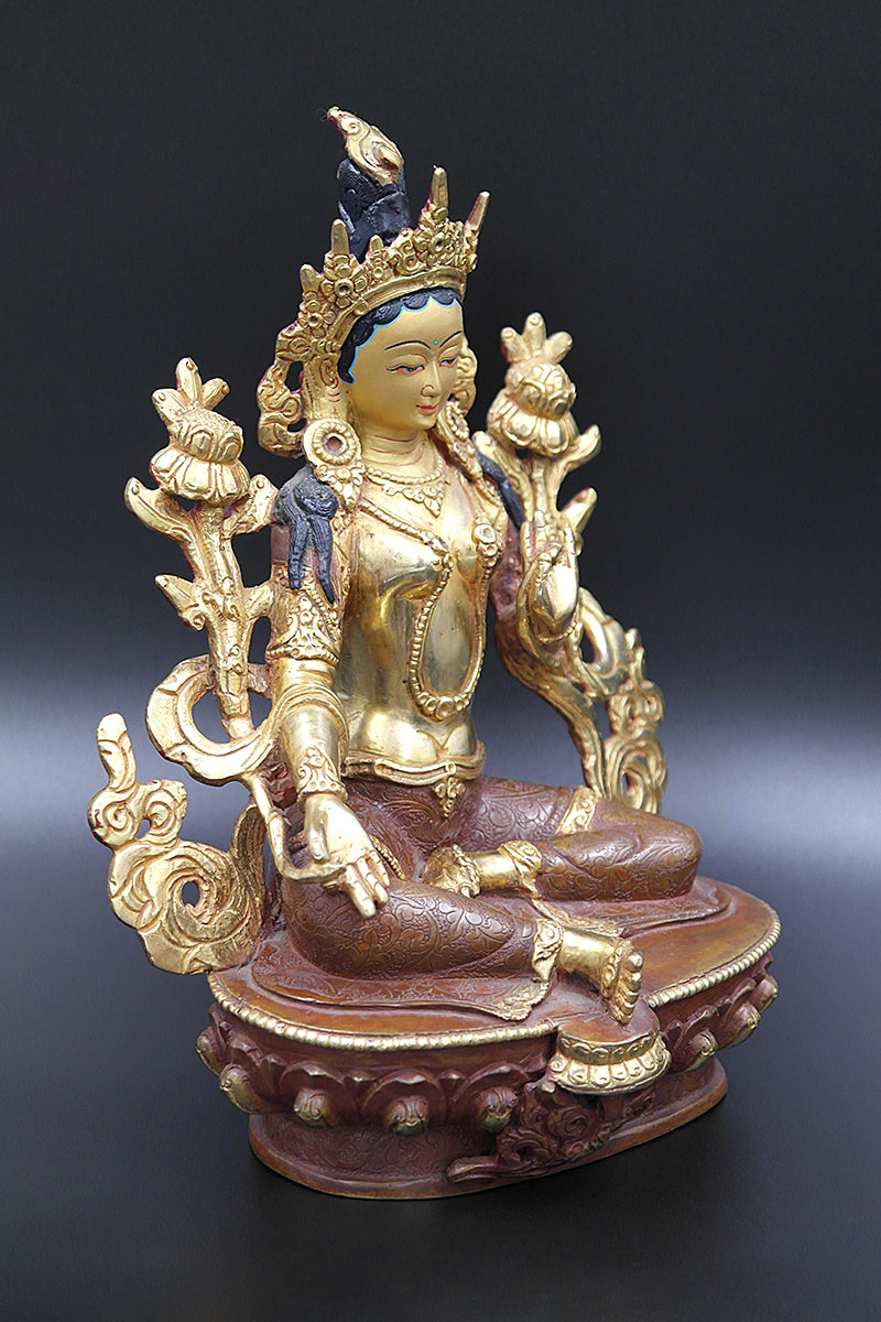 Partly Gold Plated Tibetan Deity Green Tara statue  8"