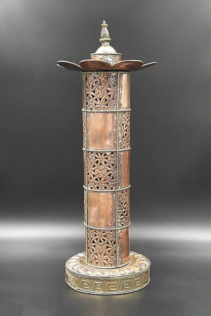 Cylindrical Shape Copper incense burner with stupa on top 13.5" - Vajracrafts