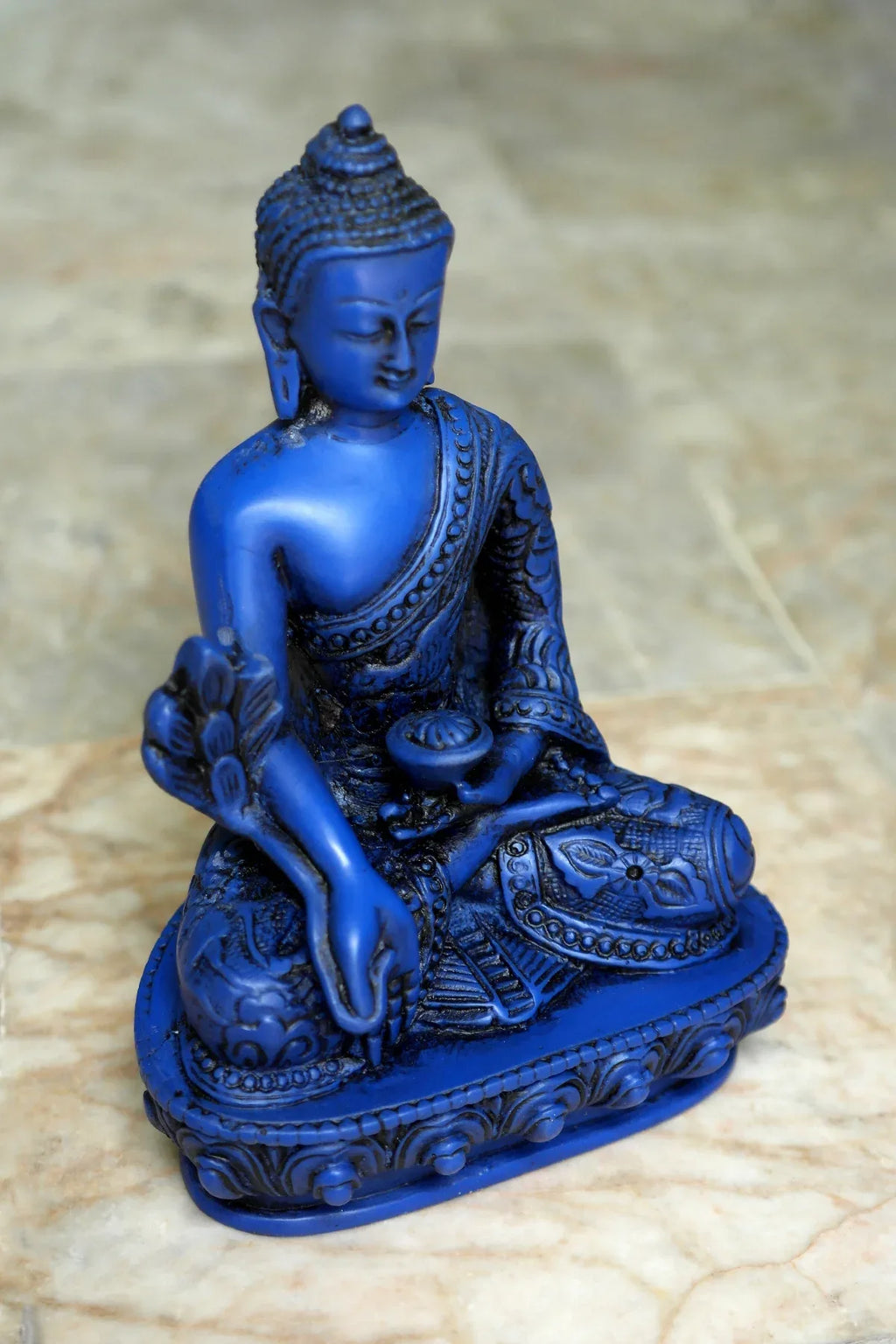 Lapis tone Medicine Buddha Resin Statue with Dragon carved 6" - Vajracrafts