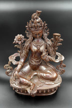 Copper Oxidized Hand carved Green Tara Statue 8" - Vajracrafts