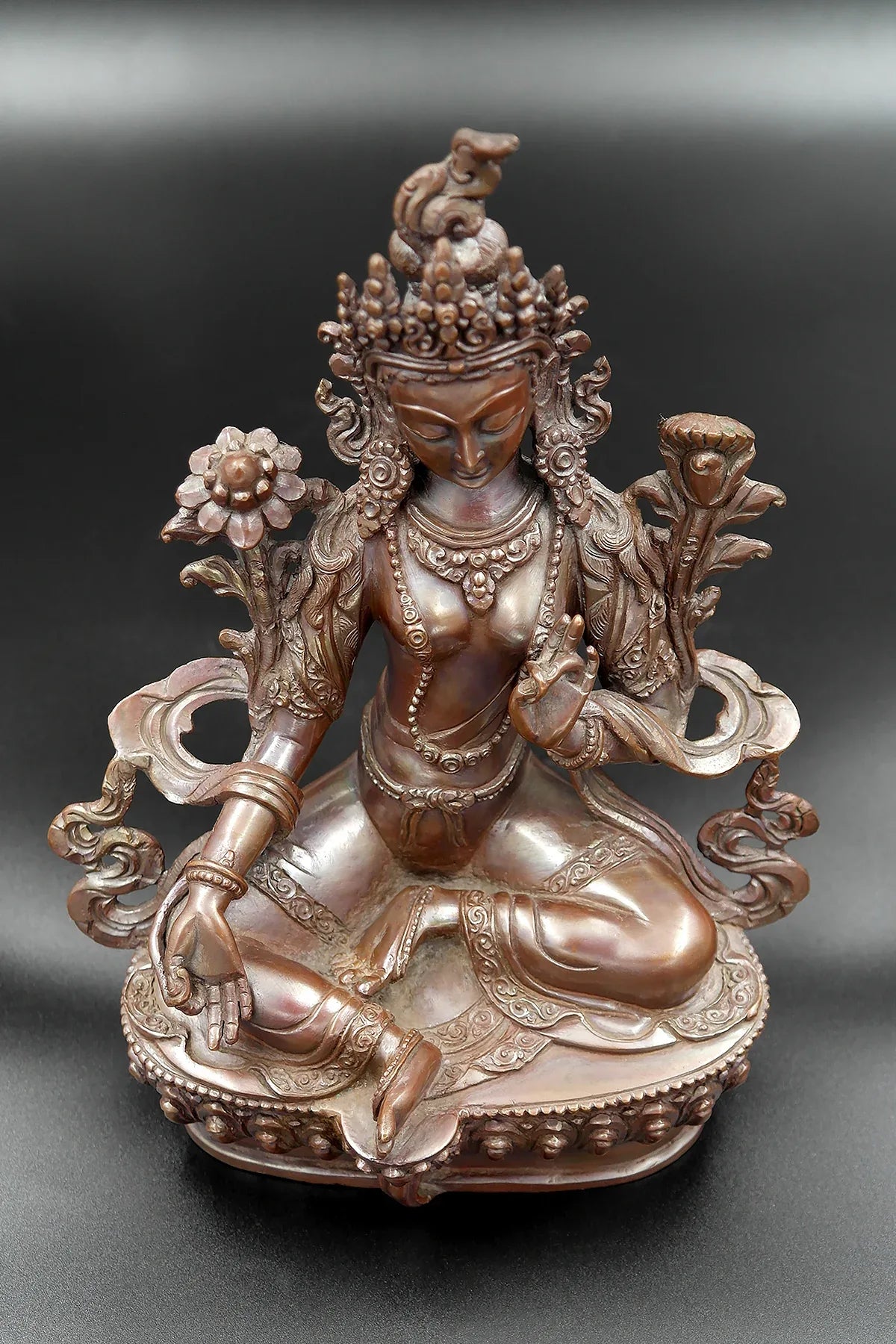Copper Oxidized Hand carved Green Tara Statue 8" - Vajracrafts