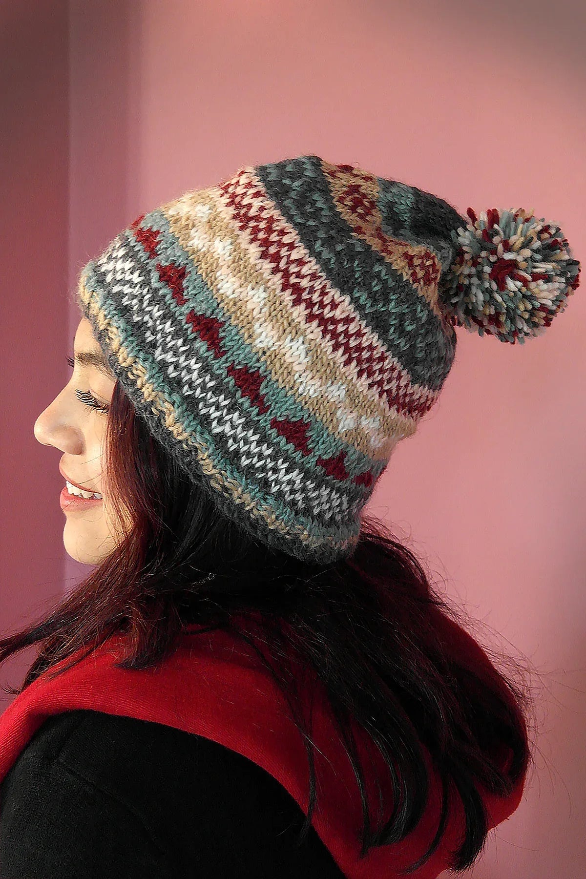 Womens Knit Winter Warm Pom Pom Beanie Hat Grey Maroon - Vajracrafts