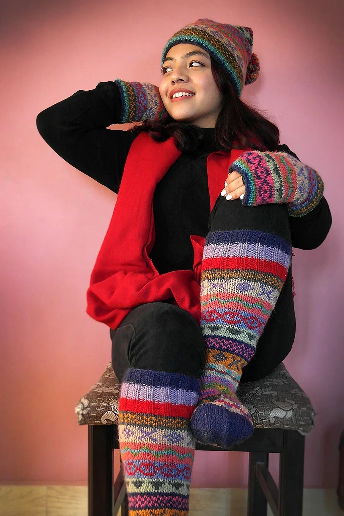 Blue pink and green mixed color Woolen Knee High Socks - Vajracrafts