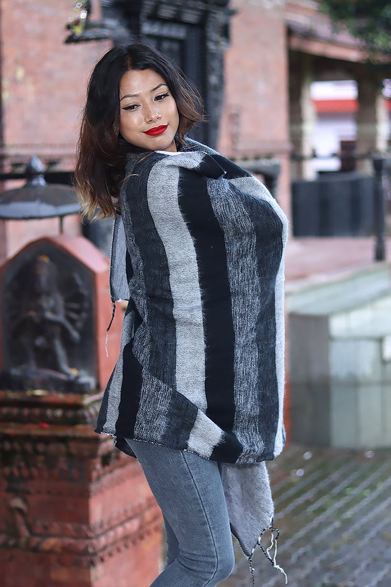 Grey and black Winter Yak Wool shawl with Fringe