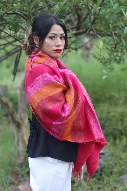 Pink orange mix colors Yak Wool Shawl - Vajracrafts