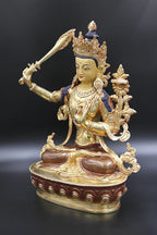 Gold Plated Manjushree Statue, Handmade in Nepal 13" - Vajracrafts